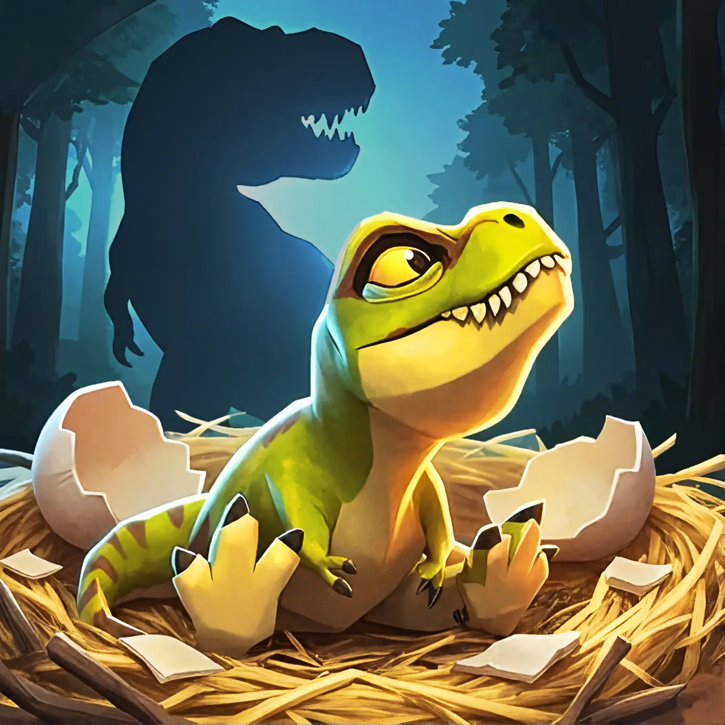 A newly hatched dinosaur in its nest, with a towering T. rex silhouette in the jungle.