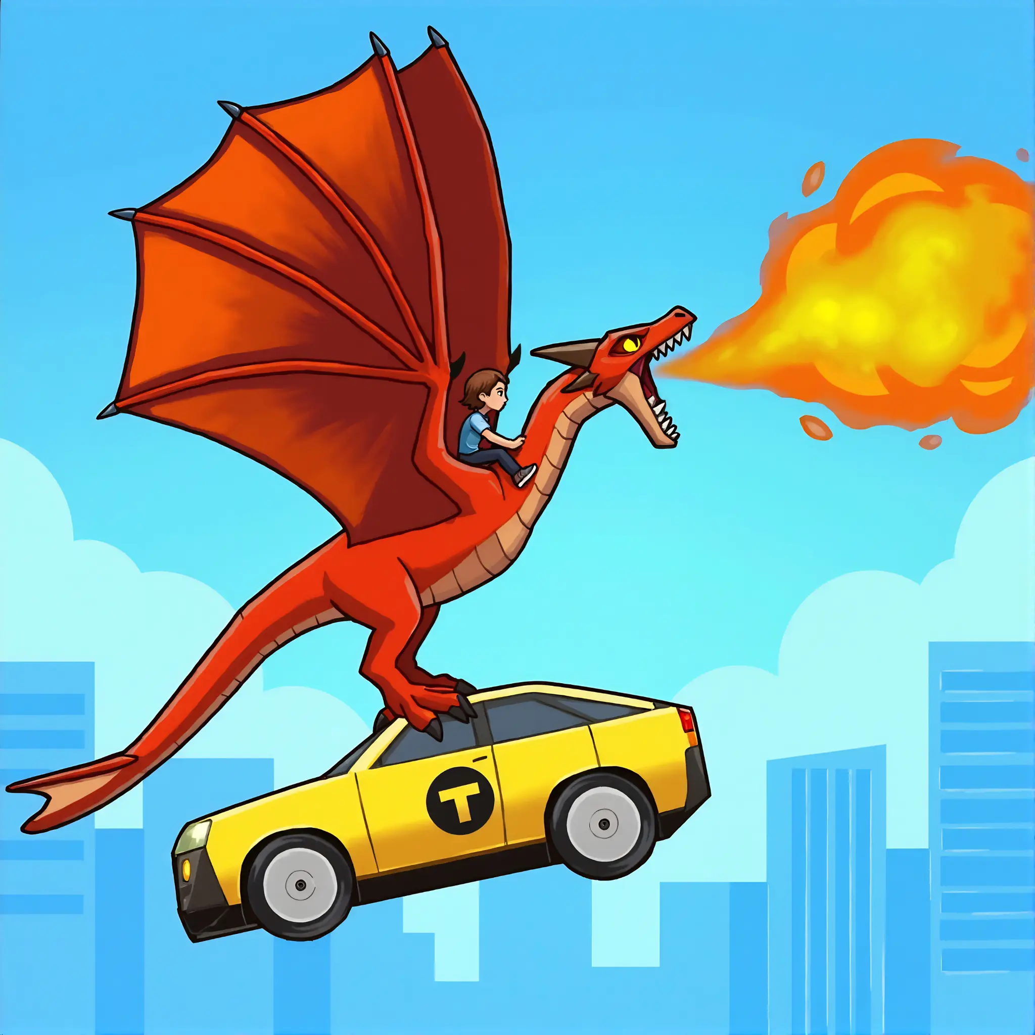 A red dragon carrying a rider and a yellow taxi, breathing fire above the city.